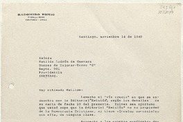 [Carta] 1989 noviembre 14, Santiago, Chile [a] Matilde Ladrón de Guevara  [manuscrito] Radomiro Tomic.