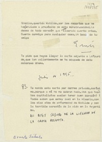 [Carta] 1995 julio, [Santos Lugares], [Argentina] [a] Matilde Ladrón de Guevara  [manuscrito] Ernesto Sábato.