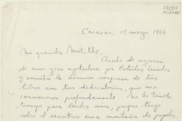 [Carta] 1986 marzo 15, Caracas, Venezuela [a] Matilde Ladrón de Guevara  [manuscrito] Isabel Allende.