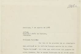 [Carta] 1988 agosto 4, Santiago, Chile [a] Matilde Ladrón de Guevara  [manuscrito] Alberto Arraño.