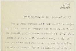 [Carta] 1986 septiembre 29, Antofagasta, Chile [a] Matilde Ladrón de Guevara  [manuscrito] Andrés Sabella.