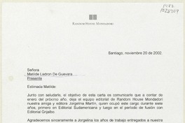 [Carta] 2002 noviembre 20, Santiago, Chile [a] Matilde Ladrón de Guevara  [manuscrito] Francisco Tepper.