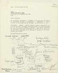 [Carta] 1987 septiembre 24, Lima, Perú [a] Presidente de la República del Perú, Alan García Pérez  [manuscrito] [por] Varios autores.