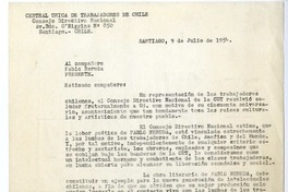 [Carta] 1954 julio 9, Santiago, Chile [a] compañero Pablo Neruda  [manuscrito] Clotario Blest, Miguel Pradenas.