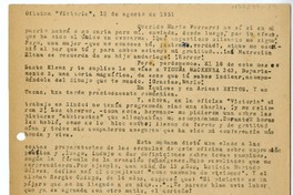 [Carta] 1951 agosto 13, Oficina "Victoria" [a] Mario Ferrero  [manuscrito] Andrés Sabella.
