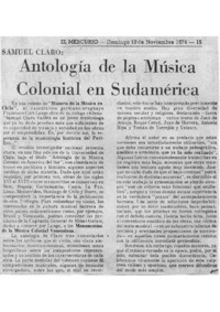 Antología de la Música colonial en Sudamérica Samuel Claro.