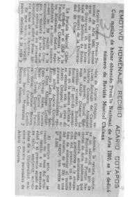 Emotivo Homenaje recibió Acario Cotapos Con motivo de haber obtenido Premio Nacional de Arte 1960, se le dedicó número de Revista Musical Chilena