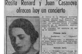 Rosita Renard y Juan Casanova ofrecen concierto.
