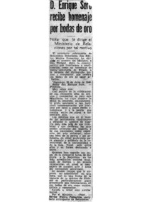 D. Enrique Soro recibe homenaje por bodas de oro. Nota que le dirige el Ministerio de Relaciones por tal motivo.