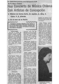 Hoy concierto de Música Chilena con Artistas de Concepción En la sala Isidora Zegers