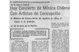 Hoy concierto de Música Chilena con Artistas de Concepción En la sala Isidora Zegers