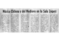 Música Chilena y del Medievo en la Sala Zegers