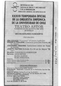 XXXVII Temporada oficial de la Orquesta Sinfónica de la Universidad de Chile Teatro Astor, viernes 25 de agosto de 1978