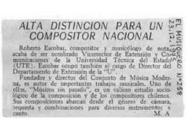 Alta distinción para un compositor nacional Roberto Escobar