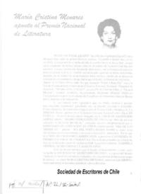María Cristina Menares apunta al Premio Nacional de Literatura