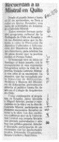 Recuerdan a la Mistral en Quito  [artículo].