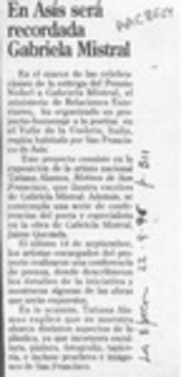 En Asís será recordada Gabriela Mistral  [artículo].