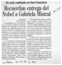 Recuerdan entrega del Nobel a Gabriela Mistral  [artículo].