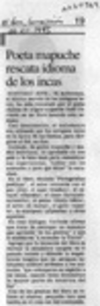 Poeta mapuche rescata idioma de los incas  [artículo].