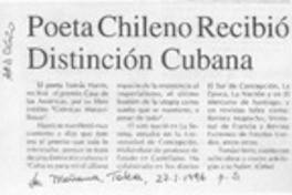 Poeta chileno recibió distinción cubana  [artículo].