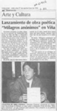 Lanzamiento de obra poética "Milagros anónimos" en Viña  [artículo].