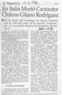 En Italia murió cantautor chileno Gitano Rodríguez  [artículo].