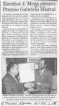 Escritor J. Meza obtuvo Premio Gabriela Mistral