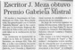 Escritor J. Meza obtuvo Premio Gabriela Mistral