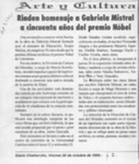 Rinden homenaje a Gabriela Mistral a cincuenta años del Premio Nobel  [artículo].