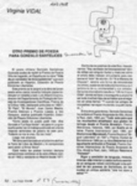 Otro premio de poesía para Gonzalo Santelices  [artículo] Virginia Vidal.