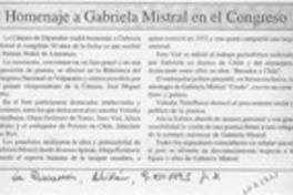 Homenaje a Gabriela Mistral en el Congreso  [artículo].