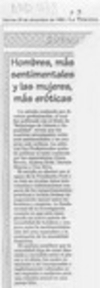 Hombres, más sentimentales y las mujeres más eróticas  [artículo].