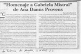 "Homenaje a Gabriela Mistral" de Ana Danús Provens  [artículo] Darío de la Fuente D.