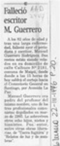 Falleció escritor M. Guerrero  [artículo].
