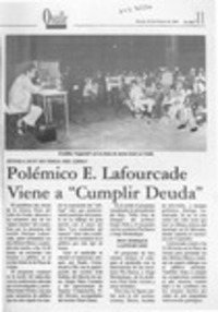 Polémico E. Lafourcade viena a "cumplir deuda"  [artículo].