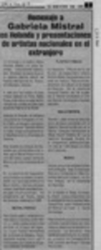 Homenaje a Gabriela Mistral en Holanda y presentaciones de artistas nacionales en el extranjero  [artículo].