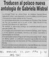 Traducen al polaco nueva antología de Gabriela Mistral  [artículo].