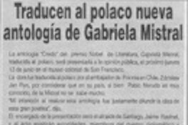 Traducen al polaco nueva antología de Gabriela Mistral  [artículo].