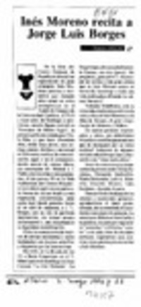 Inés Moreno recita a Jorge Luis Borges  [artículo] Ximena Adriasola.