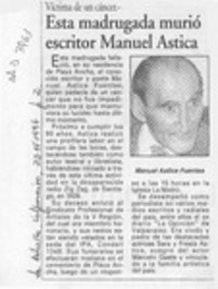 Esta madrugada murió escritor Manuel Astica  [artículo].