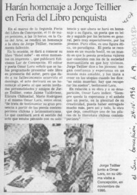 Harán homenaje a Jorge Teillier en Feria del Libro penquista  [artículo].