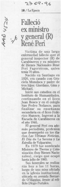 Falleció ex ministro y general (R) René Peri  [artículo].