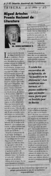 Miguel Arteche, Premio Nacional de Literatura  [artículo] Erwin Haverbeck O.