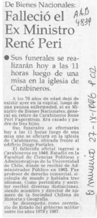 Falleció el ex ministro René Peri  [artículo].
