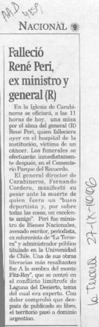Falleció René Peri ex ministro y general (R)  [artículo].