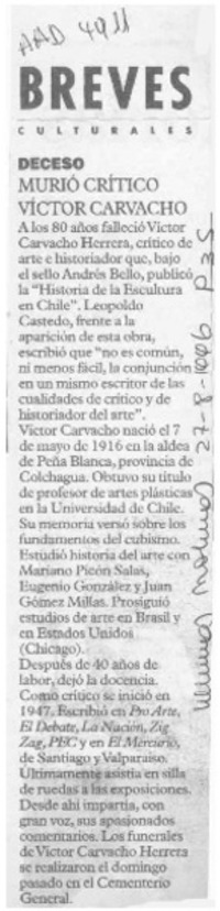 Murió crítico Víctor Carvacho  [artículo].