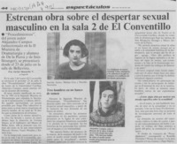 Estrenan obra sobre el despertar sexual masculino en la sala 2 de El Conventillo  [artículo] Javier Ibacache V.