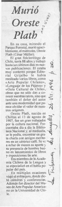 Murió Oreste Plath  [artículo].