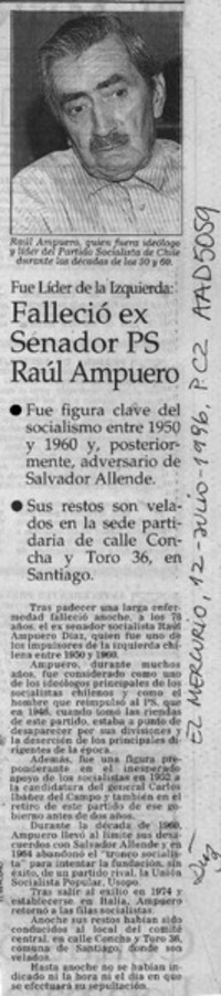 Falleció ex senador PS Raúl Ampuero  [artículo].