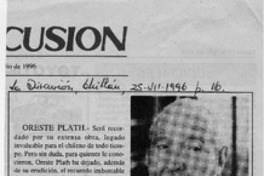 Muerte de Oreste Plath enluta la folclorología chilena  [artículo].